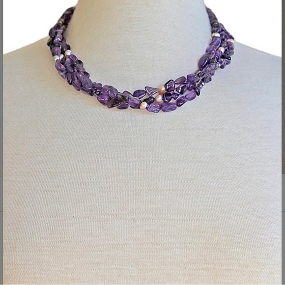 Cultured Pearl & Amethyst Statement Necklace - Picture 2 of 3